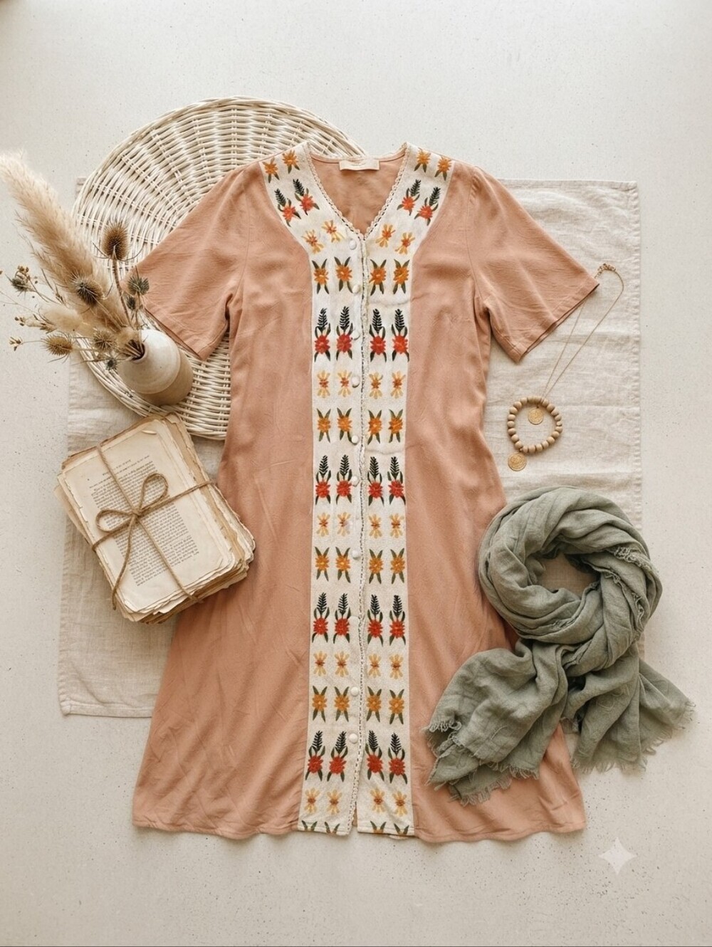 Roolee Honey & Pine Linen Cotton Embroidered Button Down Flutter Sleeve Dress